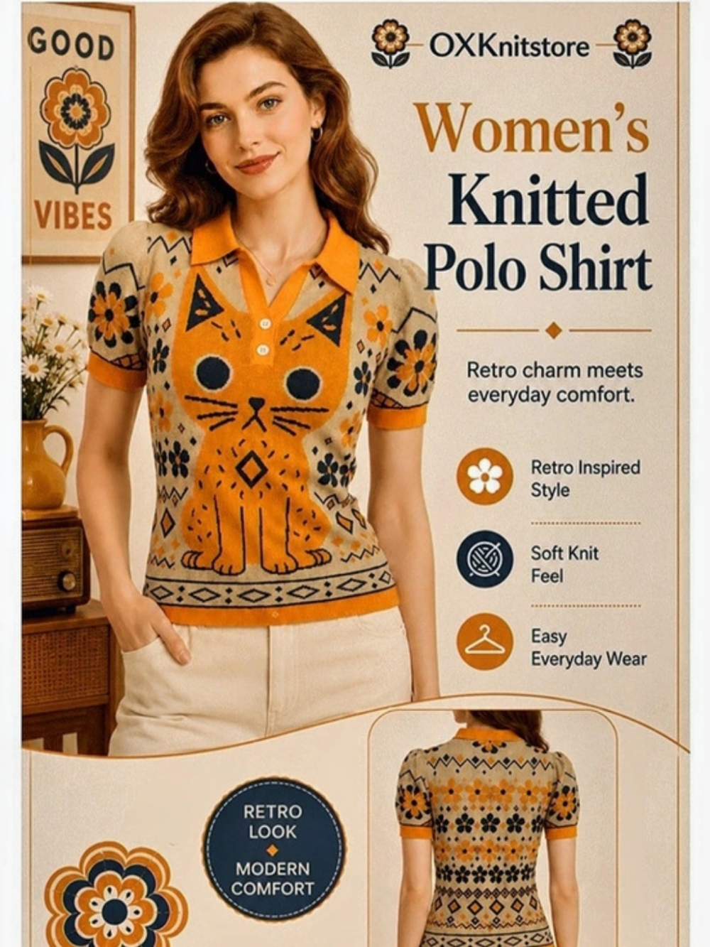 Woman Knit Blouse Polo Retro Look 100% Cotton 3x - Picture 8 of 15